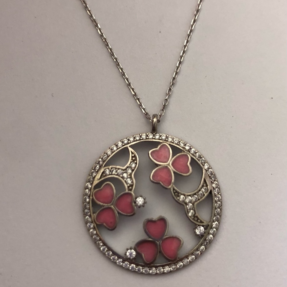 925 Silver clover necklace handmade pink enamel cz - Picture 1 of 4